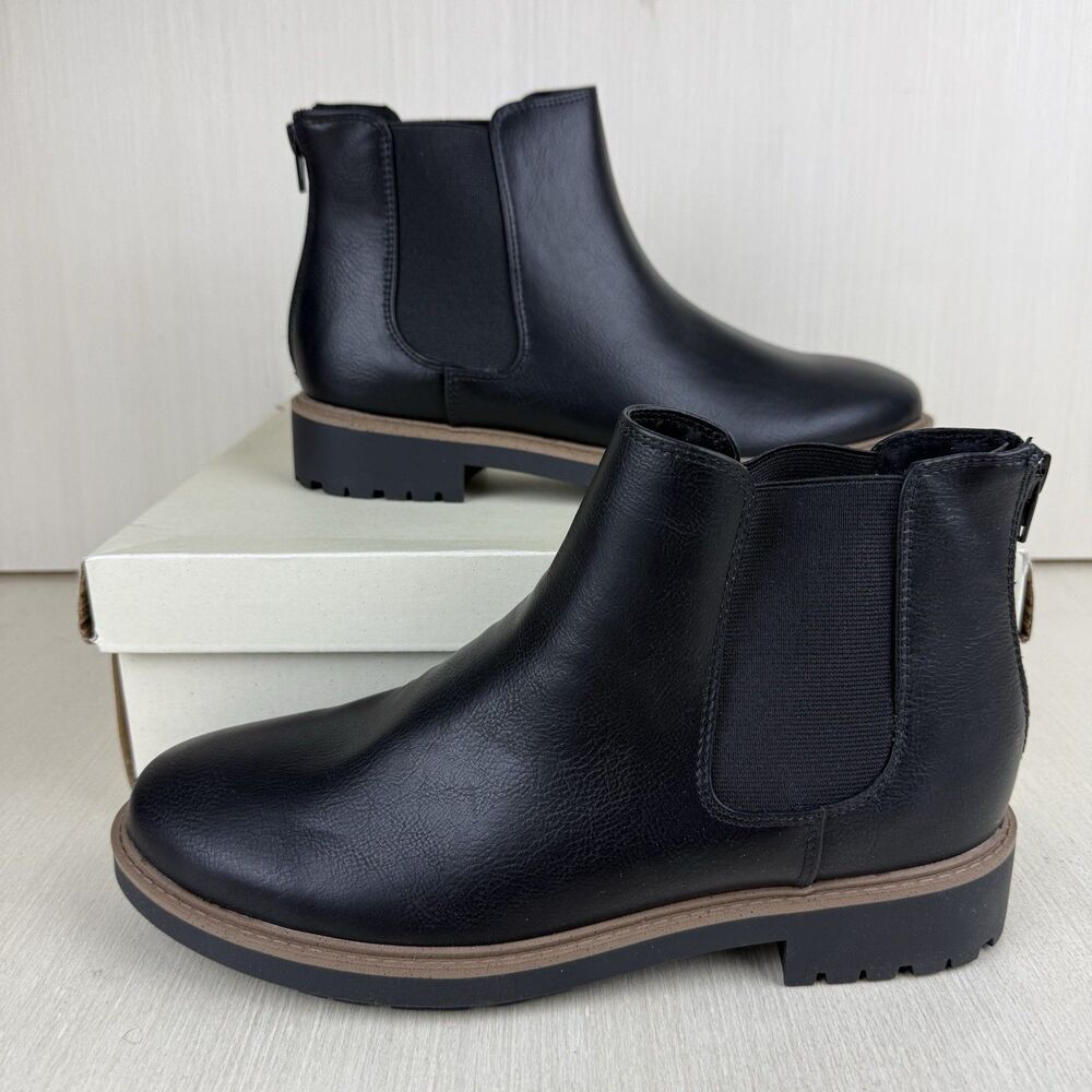 Esprit Sam Boots Women's 9.5 Black Faux Leather Chelsea Ankle Lug Sole New